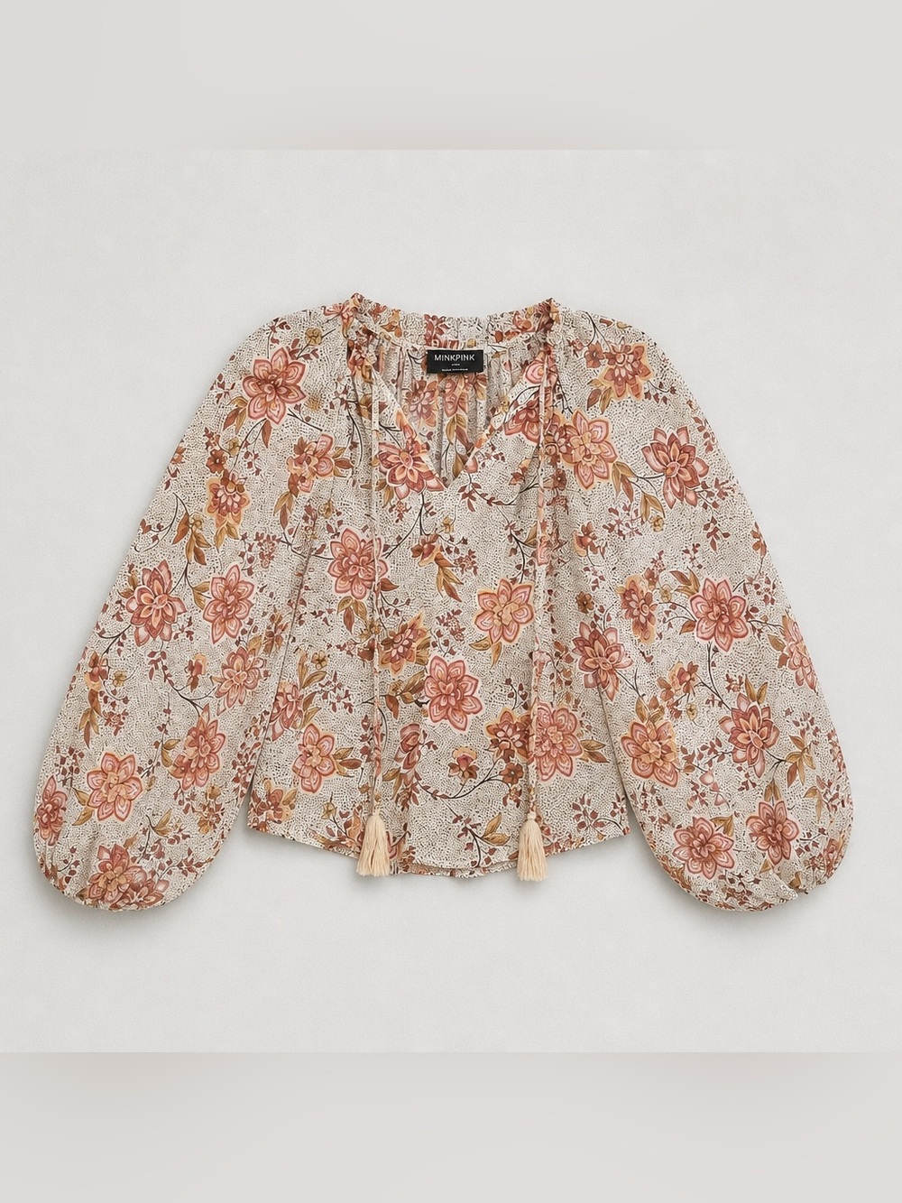MINKPINK Cream Floral Peasant Blouse with Pink & Brown Blooms